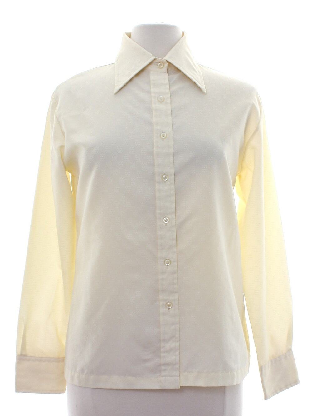 Vintage 70s Ivory Embossed Polyester Blouse Geometric Disco Shirt Women's Medium